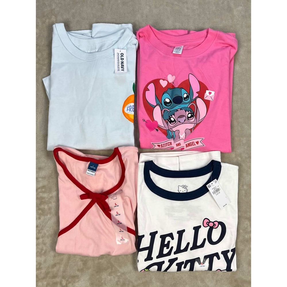 Old Navy Girls Graphic Tee Bundle 4pcs Size L 10-12 Hello Kitty Disney Stitch